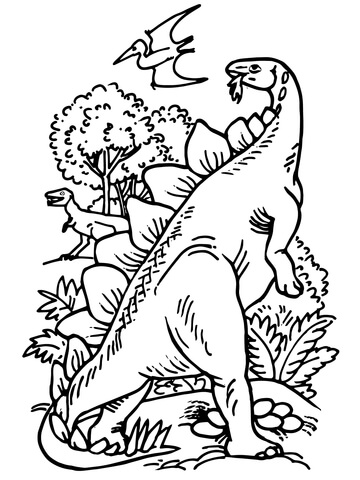 Bipedal Stegosaurus And Pteranodon Coloring Page